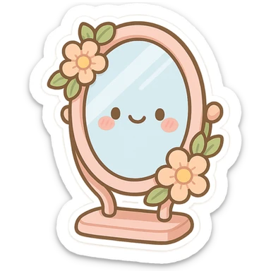 chibi sticker-style mirror with a pink frame, floral details, girly, cute and exaggerated sticker