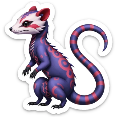 Rare warm-colored exotic gloomy tropical edgy cute epic aesthetic spooky indigo violet white black red gothic colorful Salandit-Noibat-Civet-species-Fakemon-hybrid-creature, with tribal tattoo markings, full body sticker
