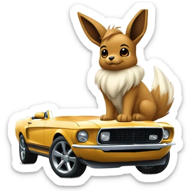 Eevee sitting next to a mustang the mustang is bigger than Eevee, in the background is the world behind them  sticker