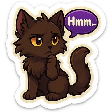 a dark-brown fluffy cute kawaii anthropomorphic furry anime cat-furry with tufted ears, golden eyes, and a long thin tufted tail, thinking, frowning thoughtfully, saying “Hmm..” with a purple speech bubble, (cartoon style) (cute anime style) (furry style) (deviantArt style) (artist style: Kamirah) sticker