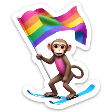 pink monkey on skis holding a pride flag sticker
