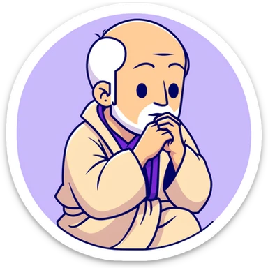 thoughtful philosopher with hand on chin, sitting in contemplative pose, scholarly appearance with robe, beige and brown color palette sticker