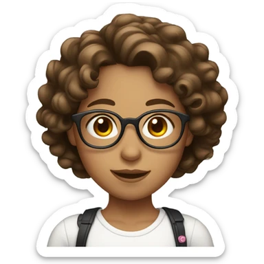 girl with curly brown hair and white top with glasses sticker
