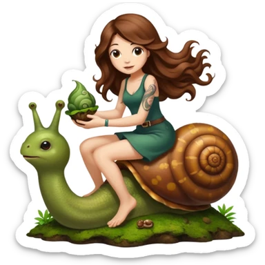 cute woman long wavy brown hair tattoos riding moss snail sticker