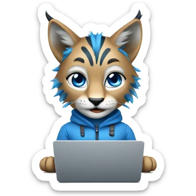 A blue lynx with a laptop sticker
