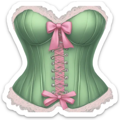 Sage green corset with pink lace and bows, isolated sticker