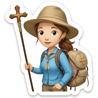 Middle aged women, long brown hair in ponytail with wide brim hiking hat. Walking with backpack and trekking poles. Backpack gas a scallop shell with the cross of saint james hanging from it. She is a pilgrim on the Camino Frances on her way to Santiago de Compostela sticker