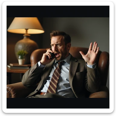 Hyperrealistic 4K image of a man complaining on the phone, theatrical expression, exaggerated gestures, sitting on an armchair, domestic atmosphere, highly detailed. sticker
