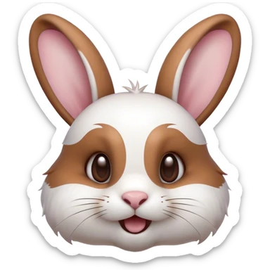 Cinematic Comical White and Brown Rabbit Portrait Emoji, Head tilted dramatically with an exaggeratedly amused expression, featuring a striking fur with a playful mix of white and brown patches, wide, expressive eyes filled with playful disbelief, Simplified yet hilariously expressive features, highly detailed, glowing with a slightly sassy glow, high shine, dramatic yet playful, stylized with an air of cheeky mischief, bright and endearing, soft glowing outline, capturing the essence of a spirited and over-the-top bunny, so meme-worthy it feels like it could side-eye its way into internet fame instantly! sticker