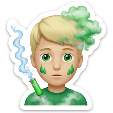 boy with green smoke due to the unpleasant smell on his body, blond and blue eyes. sticker