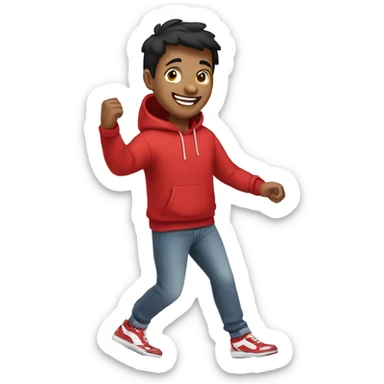 Cartoon of a joyful man with short black hair wearing a red hoodie and sneakers sticker