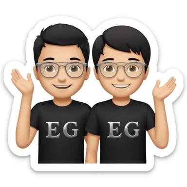 2 boys both wearing black t-shirts with the letters EDG, one wearing silver rectangular glasses, black hair, smiling; the other with black hair smiled brightly sticker