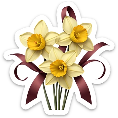 Soft yellow daffodils intertwine with faded burgundy ribbons, as brown butterflies rest on their petals. A warm, golden haze enhances the nostalgic charm. sticker
