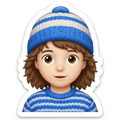brown fluffy hair kid with blue and white hat sticker