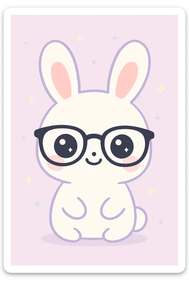 conejo blanco con gafas negras modernas, estilo kawaii sticker