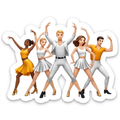 Icon for Contemporary Dance: a synchronized guys and girls group performance on stage with backup dancers in bright, modern outfits and dynamic lighting. The icon should capture the energy and coordination of a dance routine, with a focus on movement and stage presence. Transparent background. sticker