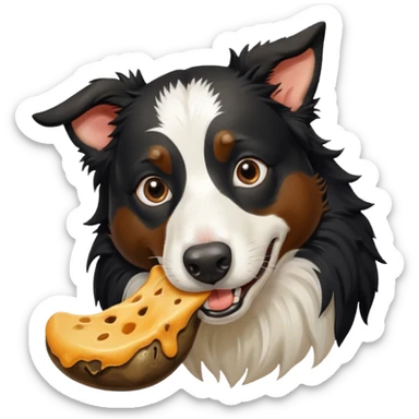 A black and white border collie is chewing on a rotten, smelly cow's hoof. sticker