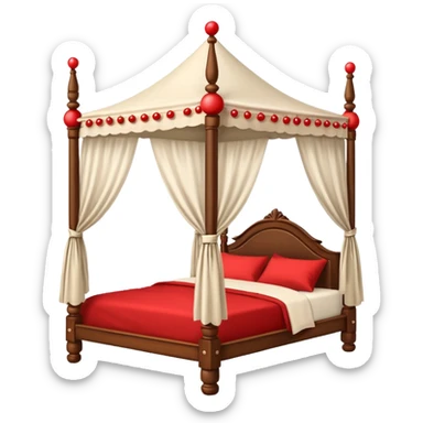 Wooden four poster bed with canopy handing small red balls on edge  sticker