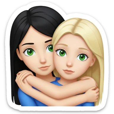 blonde girl green eyes fair skin hugging a black hair girl with blue eyes and fair skin both straight hair  sticker