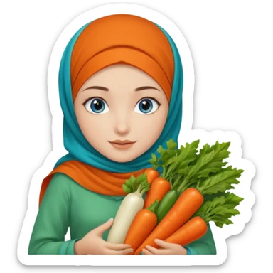 Turkish beautiful finish Konya girl blue eyes with garden design orange green hijabi dress and she had on her hand vegetables  sticker