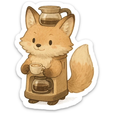 high-quality, visually appealing, normal-looking soft pastel fluffy fox designed as a coffee maker animal, holding a tiny latte cup, brown and beige tones, full-body, transparent background, 电器拟动物风格 sticker