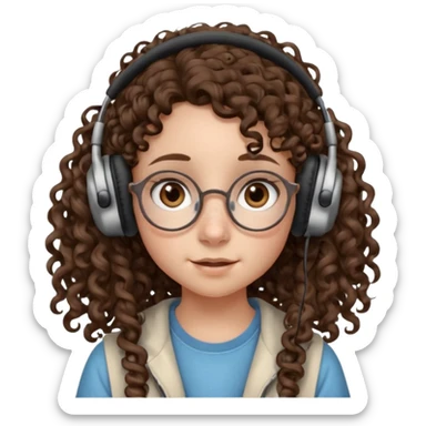 brunette kid with unique face features and very curly long hair kid girl neutral and very big nose and ears and dark eyes with freckles kind of nerd looking and headphone wearing sticker