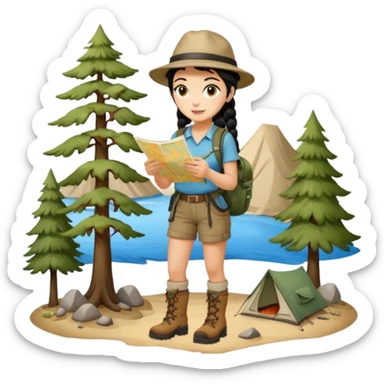 A braid black hair backpacking woman checking her map with curious eyes while walking wear camping hat and dirt covered boots full body sticker