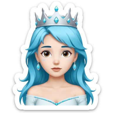 An ice queen with a little silver qrown, brown and turquoise hair and white skin. And off shoulder white dress and brown hair woth blue extensions sticker