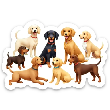 Collage of various dog breeds like Doberman, Poodle, Dachshund, and Golden Retriever, playing in a park with trees and grass. Some dogs run, others sit, all are full of energy and happiness. A joyful, colorful scene with playful expressions. Transparent background. sticker