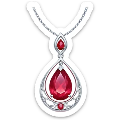 teardrop ruby pendant with silver chain, glowing cosmic embryo inside, swirling stardust and fiery trails, radiating ethereal magic sticker