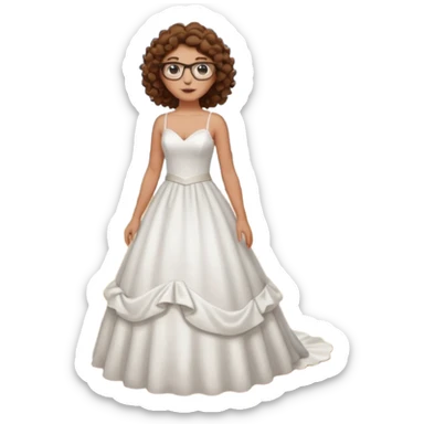 Chica blanca, pelo rizado, gafas, vestido novia playa cuerpo entero, pelo castaño sticker