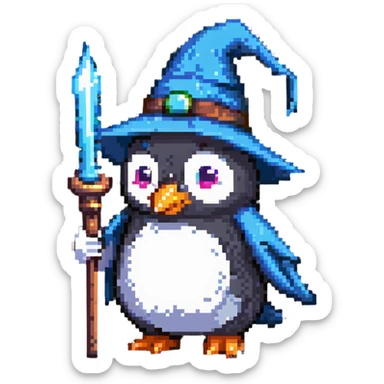 wizard penguin with a pointy hat and wand sticker