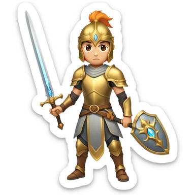 A full-body Warrior from an RPG game holding a two-handed long sword with brass armor with a bright aura  sticker