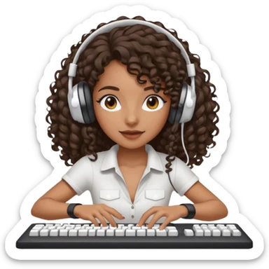 Brown skin Spanish girl with long dark curly hair, wearing a white gaming headset and playing on keyboard with a gaming mouse in one hand sticker