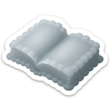 top view of a thick open book made entirely of small, very bright white fluffy convex clouds, matte glass style, no background sticker