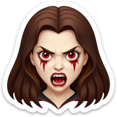 vampire woman, white skin, brown long hair, angry face, fangs out sticker