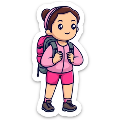 woman wearing pink clothes with hiking backpack sticker