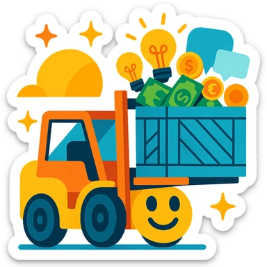 emoji with a smiling forklift lifting a crate filled with symbols of ideas (light bulbs), money (bills and coins), and speech bubbles, in a positive and dynamic atmosphere sticker