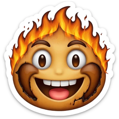 A emoji with half of his face where his left eyes at is burnt with the emoji having a big grin sticker