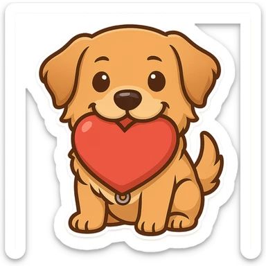 Replace the realistic heart in the dog's mouth with a large, bright red cartoon-style heart. Keep the style playful and the background transparent. sticker