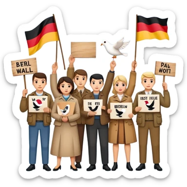 people holding protest signs with the Berlin Wall in the background, peace dove, East and West Germany flags, 1950s and 60s sticker