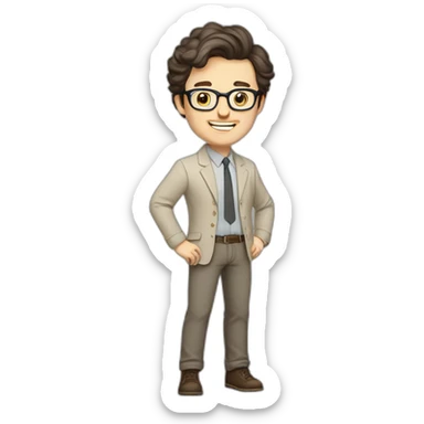 Joyful Full height Pale skinned Fit Man With dark brown hair in gray jacket, beige office shirt, Brown pants and vintage glasses. His thrumbs up sticker