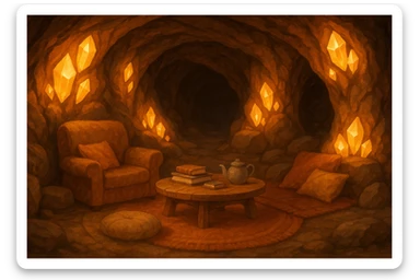 a cozy cave interior with glowing crystals, warm light, fantasy style sticker