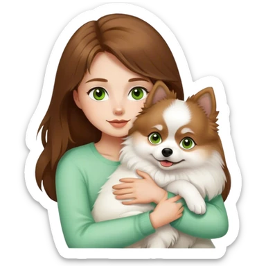 A girl with brown hair and green eyes hugs a white German Pomeranian dog sticker