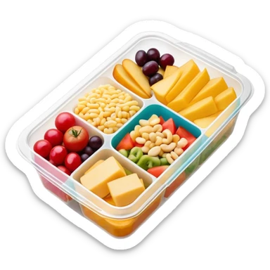 Overhead view of Meal in rectangle plastic container with lid on it sticker