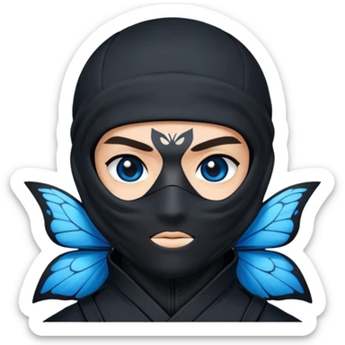 Emoji  con estos dos emojis 🦋 🥷🏻.
Ninja vestido de negro con los ojos de color negro y la piel blanca y con la mariposa azul posada en su hombro izquierdo como si estuviera volando en su hombro. sticker