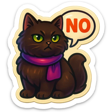 Fluffy dark-brown cat with green eyes and a purple scarf saying ‘NO’ (with a speech bubble) sticker