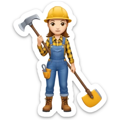 lumberjack woman holding axe yellow checked shirt and overall sticker