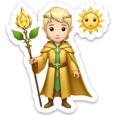 {
      "type": "human",
      "look": "light elf healer, golden robe, staff with leaf and sun",
      "description": "a light elf healer wearing a golden robe and holding a staff with leaf and sun no face"
    } sticker
