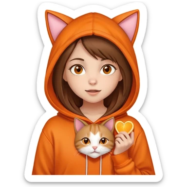 Una niña piel blanca, pelo castaño y lacio, ojos color miel, con un poleron naranja que en el gorro tiene una cara y orejas de gato, mordiendo un corazón naranja  sticker